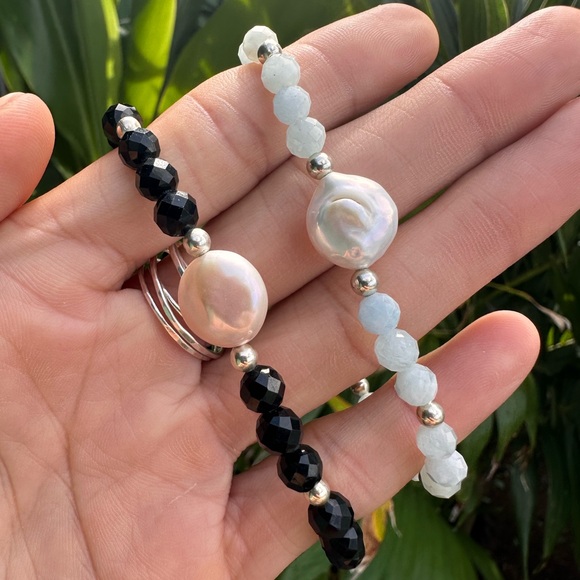 Faceted Aquamarine Freshwater Pearl .925 Sterling Silver Bracelet Handmade - Picture 5 of 7